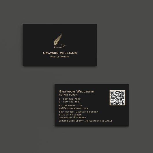 Quill Mobile Notary Black Gold QR Code Visitenkarte