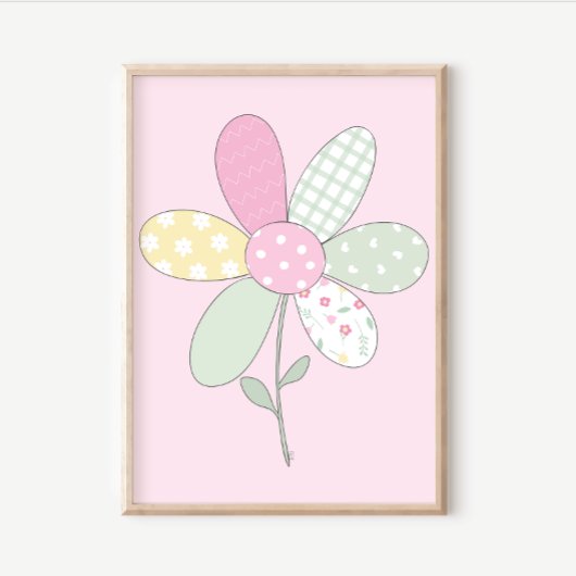 Quilt Art Print Set: Flower on Pink Background Poster
