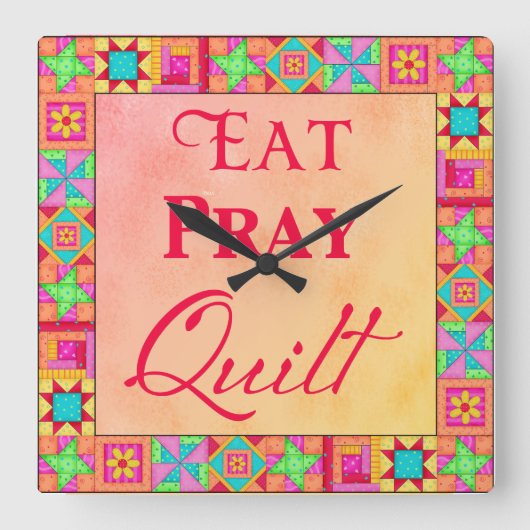 Quilt Block Border Art Eat Pray Quilt Yellow Coral Quadratische Wanduhr (Vorderseite)