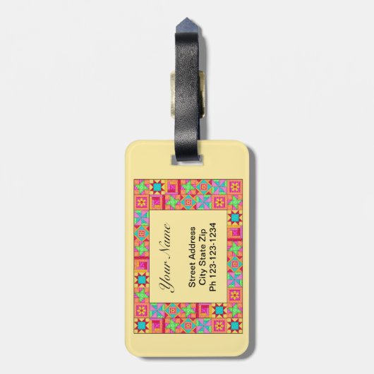 Quilt Blocks Border Art Eat Pray Quilt Gelb Gepäckanhänger (Rückseite vertikal)
