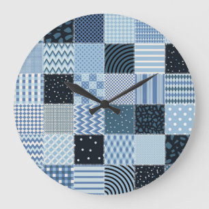 Quilt-Design, geometrisches Patchwork, Blautöne. Große Wanduhr