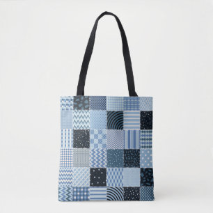 Quilt-Design, geometrisches Patchwork, Blautöne. Tasche