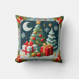 Quilt-Look-Christmosszenen-Dekorierte Bäume  Kissen