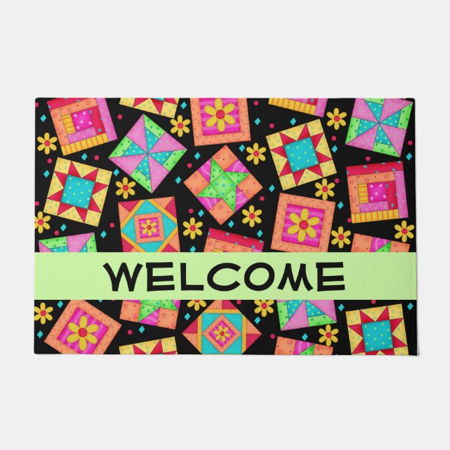 Quilt Patchwork Blocks Black Welcome Colorful Fußmatte (Vorderseite)
