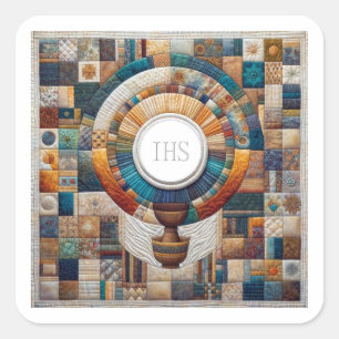 Quilt Style Eucharistic Communityhost und Chalice Quadratischer Aufkleber