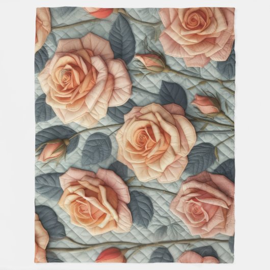 Quilted Design Peach Rose auf Grau Fleecedecke (Vorderseite)