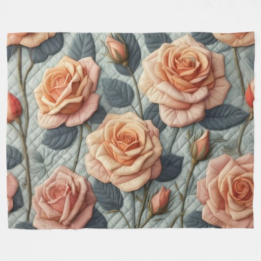 Quilted Design Peach Rose auf Grau Fleecedecke (Vorderseite (Horizontal))