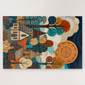 Quilted Folk Art Village - Patchwork Sun & Trees L Puzzle (Horizontal)