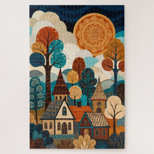 Quilted Folk Art Village - Patchwork Sun & Trees L Puzzle (Vertikal)