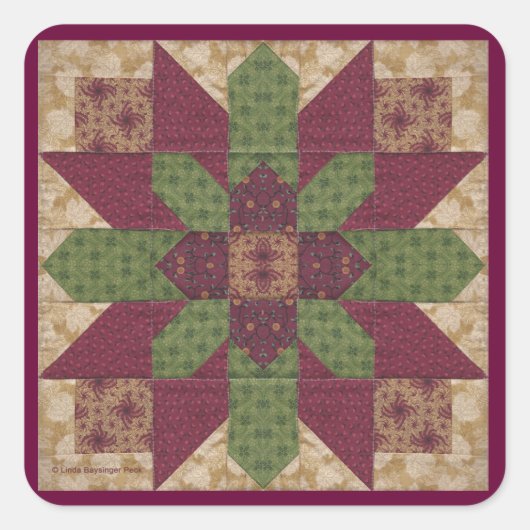 Quilted Green Burgund Star Quadratischer Aufkleber (Vorderseite)