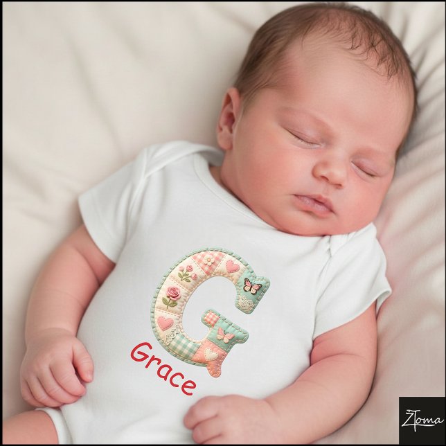 Quilted Patchwork Initial Letter G Nursery Baby Strampler (This is a sample design. There are several models to choose from, with the name and color changed.)