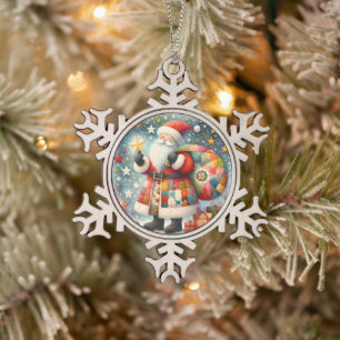 Quilted Patchwork-Weihnachtsmann mit Weihnachtsste Schneeflocken Zinn-Ornament