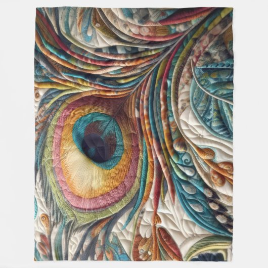 Quiltierte Abstrakte Pfauenfeder Fleecedecke (Vorderseite)