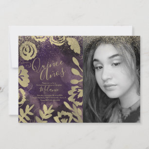 Quiñce Faux Glitter Lila Blumen Gold Foto Einladung