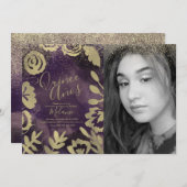 Quiñce Imitate Glitzer Lila BlumengoldFoto Einladung (Vorne/Hinten)