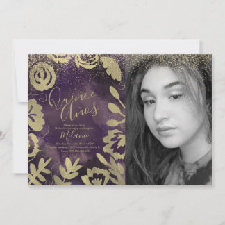 Quiñce Imitate Glitzer Lila BlumengoldFoto Einladung