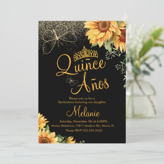 Quiñce Imitate Glitzer Sonnenblumen Wasserfarbe Ge Einladung (Stehend Vorderseite)