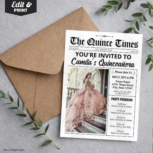 Quince Invite, Newspaper with Program, Quinceañera Einladung
