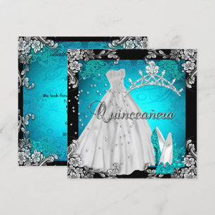 Quinceanera 15. 15. Geburtstag Teal Kleid Schuhe Einladung