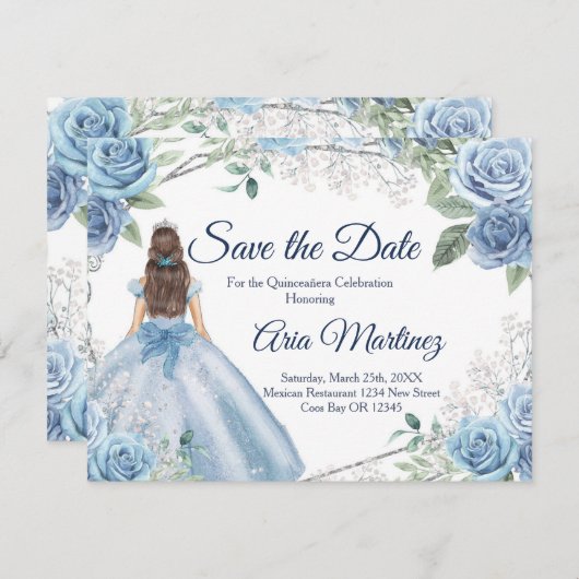 Quinceañera 15 Anos Dusty Blue Save the Date Dankeskarte (Vorne/Hinten)