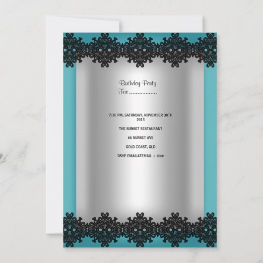 Quinceanera 15. Aquamarin Black Silver Diamond Tia Einladung (Rückseite)