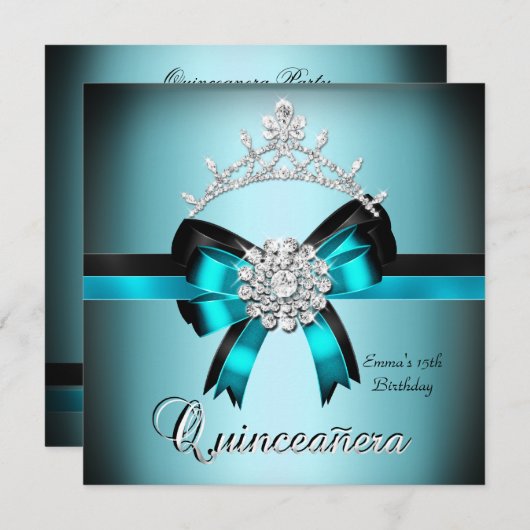 Quinceanera 15. Aquamarin Blue Black Silver Bow Einladung (Vorne/Hinten)