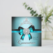 Quinceanera 15. Aquamarin Blue Black Silver Bow Einladung (Stehend Vorderseite)