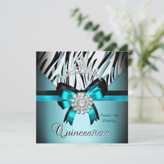 Quinceanera 15. Aquamarin Blue Black Zebra Silver  Einladung (Stehend Vorderseite)