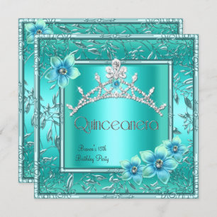 Quinceanera 15. Aquamarin Blue Blume Silver Tiara Einladung