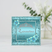 Quinceañera 15. Aquamarin Blue Blume Silver Tiara Einladung (Stehend Vorderseite)