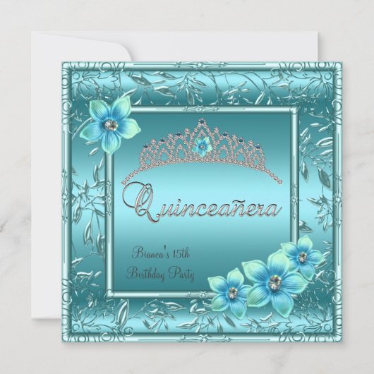 Quinceañera 15. Aquamarin Blue Blume Silver Tiara Einladung (Vorderseite)
