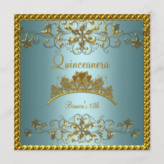 Quinceanera 15. Aquamarin Blue Gold Tiara Einladung