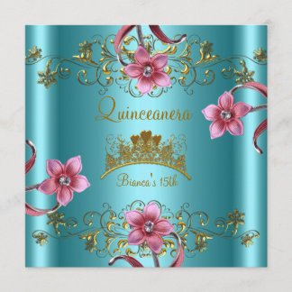 Quinceanera 15. Aquamarin Blue Pink Blume Gold Tia Einladung