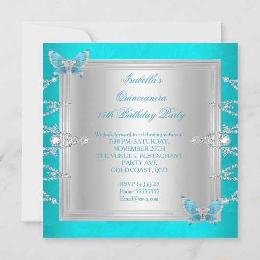 Quinceanera 15. Aquamarin Blue Silver Butterfly Ti Einladung (Rückseite)