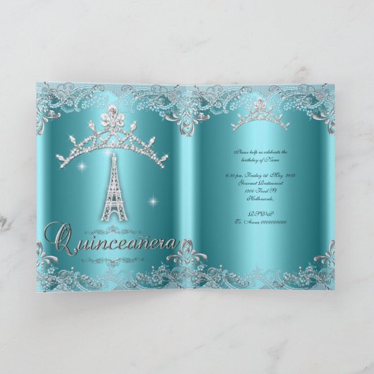 Quinceanera 15 Aquamarin Blue Silver Tiara Eiffel  Einladung (Innenseite)