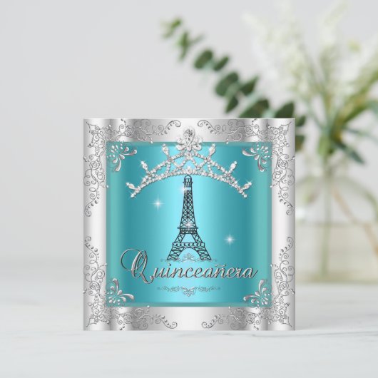 Quinceanera 15 Aquamarin Blue Silver Tiara Eiffel Einladung (Stehend Vorderseite)