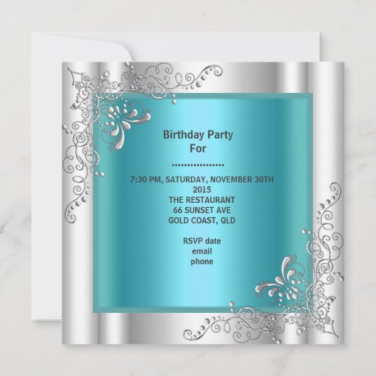 Quinceanera 15 Aquamarin Blue Silver Tiara Eiffel Einladung (Rückseite)