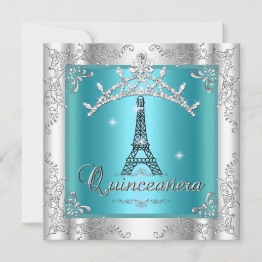 Quinceanera 15 Aquamarin Blue Silver Tiara Eiffel Einladung (Vorderseite)
