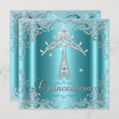 Quinceanera 15 Aquamarin Blue Silver Tiara Eiffel Einladung (Vorne/Hinten)