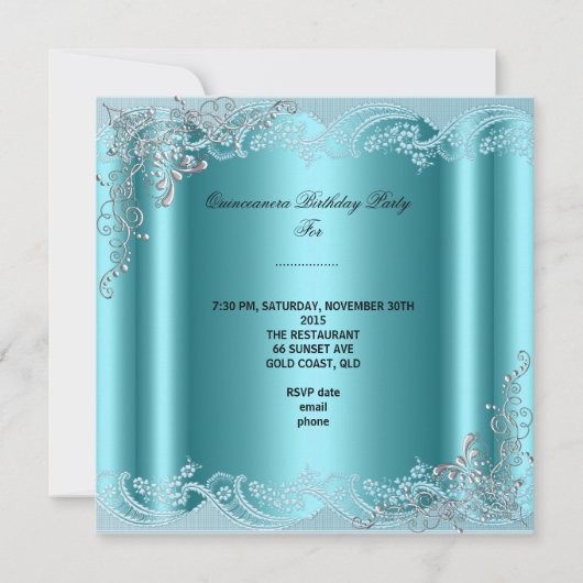 Quinceanera 15 Aquamarin Blue Silver Tiara Eiffel Einladung (Rückseite)