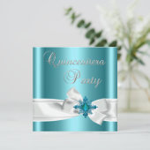 Quinceanera 15. Aquamarin Blue Silver White Bow Einladung (Stehend Vorderseite)