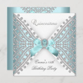 Quinceanera 15. Aquamarin Blue White Imitats Diamo Einladung (Vorne/Hinten)