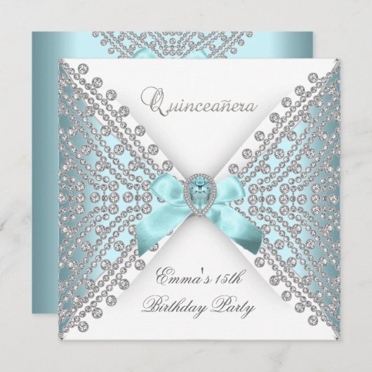 Quinceanera 15. Aquamarin Blue White Imitats Diamo Einladung (Vorne/Hinten)