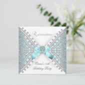 Quinceanera 15. Aquamarin Blue White Imitats Diamo Einladung (Stehend Vorderseite)