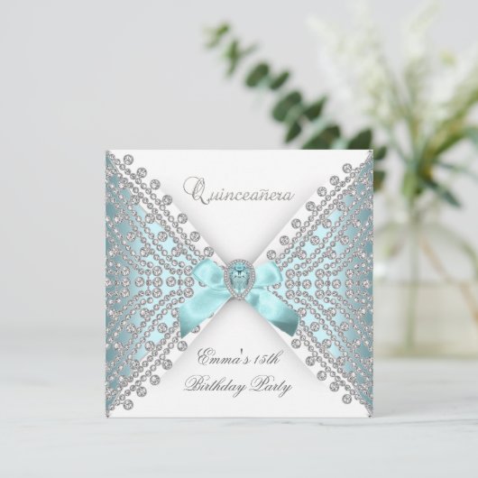 Quinceanera 15. Aquamarin Blue White Imitats Diamo Einladung (Stehend Vorderseite)