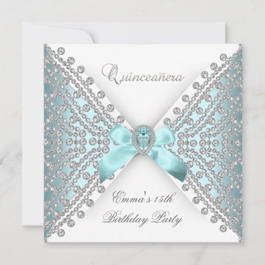 Quinceanera 15. Aquamarin Blue White Imitats Diamo Einladung (Vorderseite)