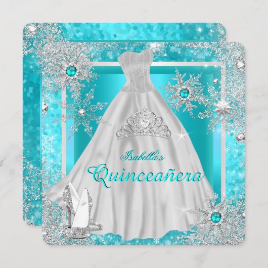 Quinceanera 15. Aquamarin Winter Wonderland Schnee Einladung (Vorne/Hinten)