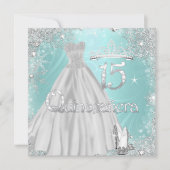 Quinceanera 15. Aquamarine Silberschneeflocken Par Einladung (Vorderseite)