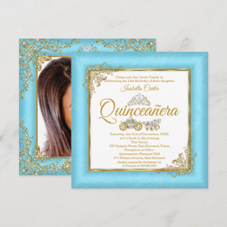 Quinceanera 15. Aschenputtel Blue Pearl Tiara Foto Einladung