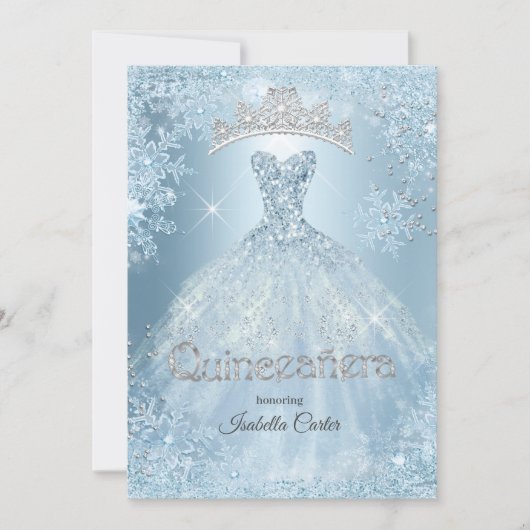 Quinceanera 15. Aschenputtel Ice Blauer Schneefloc Einladung (Vorderseite)